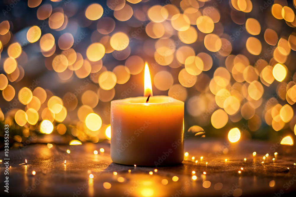 A serene candle illuminates a warm, glowing background of soft bokeh lights, creating a cozy and peaceful atmosphere. A serene candle illuminates a warm, glowing background of soft bokeh lights, creating a cozy and peaceful atmosphere.