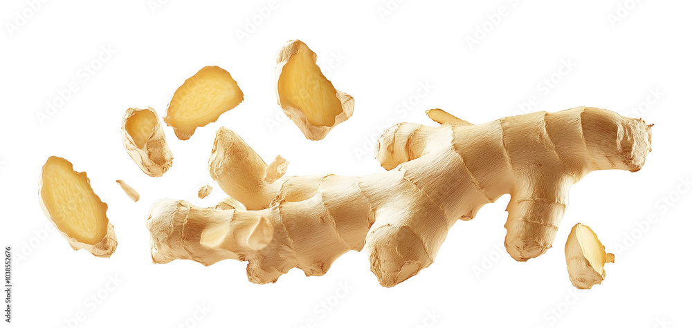 Falling fresh ginger cut slices on transparent PNG or white background. Falling fresh ginger cut slices on transparent PNG or white background.