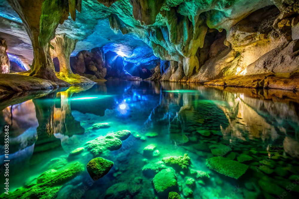 Fototapeta premium A vibrant cave scene featuring glowing blue and green lights reflecting on a tranquil water surface, surrounded by unique rock formations.