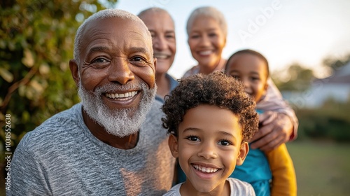 Smiling multi-generational family enjoying a sunny day outdoors, capturing joyful moments together.