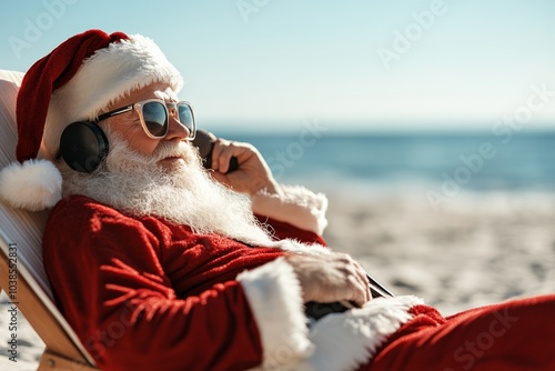 Santa Claus, dressed in his full suit, reclines comfortably on a beach chair at a sunny seaside, listening to music through large headphones, embodying relaxation. photo