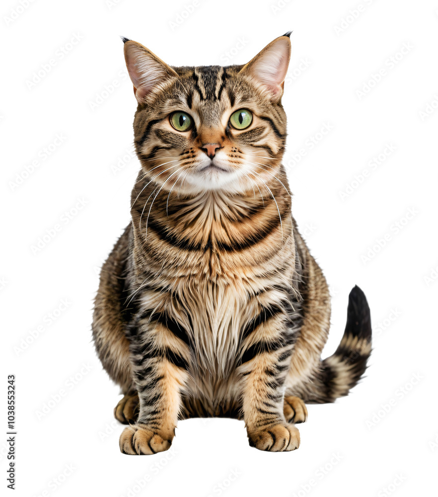 A tabby cat with striking green eyes and black stripes sits upright in the center of a white background, its tail curled around its body and head slightly tilted to the left A tabby cat with striking green eyes and black stripes sits upright in the center of a white background, its tail curled around its body and head slightly tilted to the left