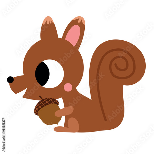 Cute squirrel cartoon forest animal holding a nut acorn smiling wild childish education book illustration isolated on white background.