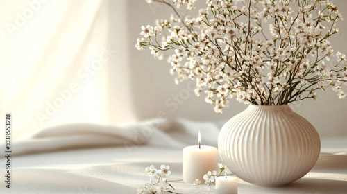 White flowers in a vase with candles on a white tablecloth.
