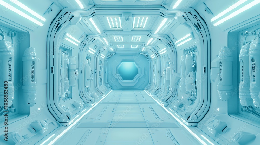 Obraz premium Futuristic Spaceship Cargo Hold with Alien Artifacts, Security Team, and Soft Lighting - Detailed Sci-Fi Illustration