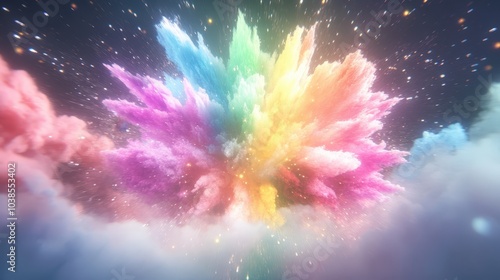 Colorful explosion of powder paint in the sky