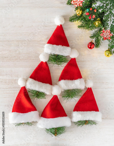 Wallpaper Mural A creative Christmas tree made of Santa hats arranged thoughtfully on a festive table setting Torontodigital.ca