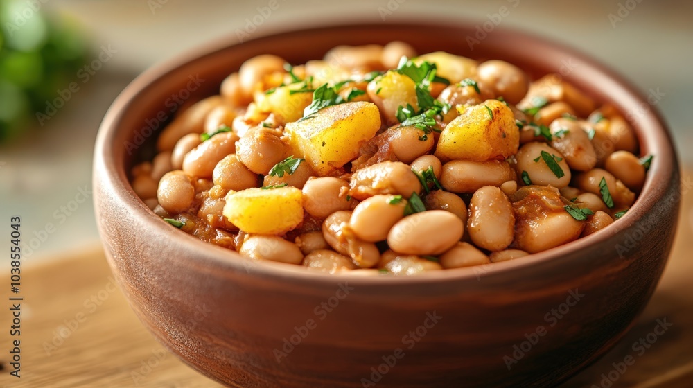 Hearty bean and potato stew in a wooden bowl Hearty bean and potato stew in a wooden bowl