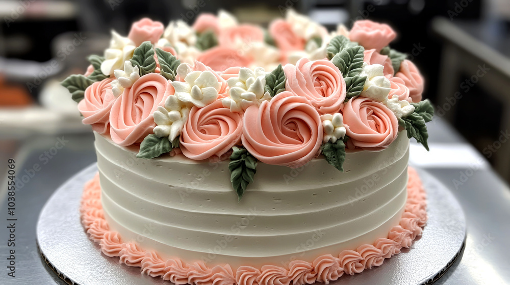 A beautiful pink and white cake decorated with buttercream flowers. A beautiful pink and white cake decorated with buttercream flowers.