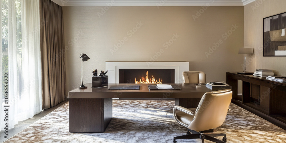 The image shows a modern office with a sleek wooden desk, an ergonomic chair, and a cozy fireplace in the background. There is a large rug on the floor, and the space is well-lit with natural light. The image shows a modern office with a sleek wooden desk, an ergonomic chair, and a cozy fireplace in the background. There is a large rug on the floor, and the space is well-lit with natural light.