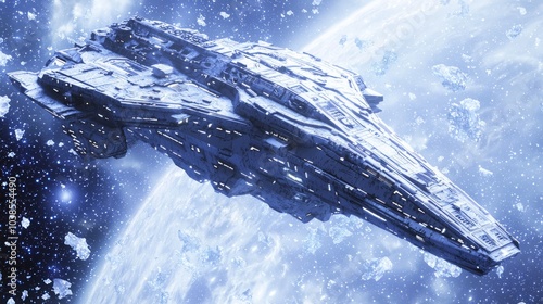 Frozen Space Odyssey - Sci-Fi Spaceship Exterior Covered in Frost Ray Tracing Illustration with Shimmering Ice Crystals Reflecting Starlight photo