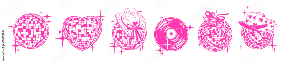 Fototapeta Pink disco ball icon set, vector hand drawn western dance party shiny nightlife music illustration. Cowgirl bachelorette celebration groovy sign retro club aesthetic print. Vinyl logo disco ball heart