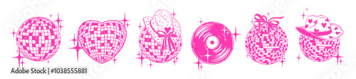 Pink disco ball icon set, vector hand drawn western dance party shiny nightlife music illustration. Cowgirl bachelorette celebration groovy sign retro club aesthetic print. Vinyl logo disco ball heart