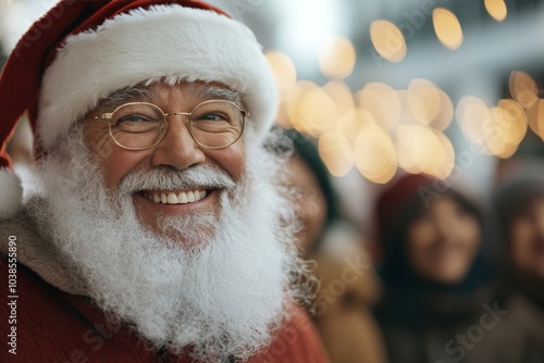 A joyful bearded man wearing a Santa outfit, beaming with infectious cheer in a softly lit holiday setting, embodying the essence of festive happiness.