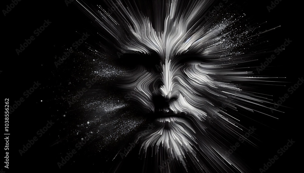 Obraz premium Abstract digital art of a face blending with cosmic elements, portraying a fusion of humanity and the universe