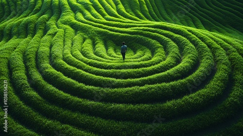 Aerial View of Person Walking Through Green Landscape