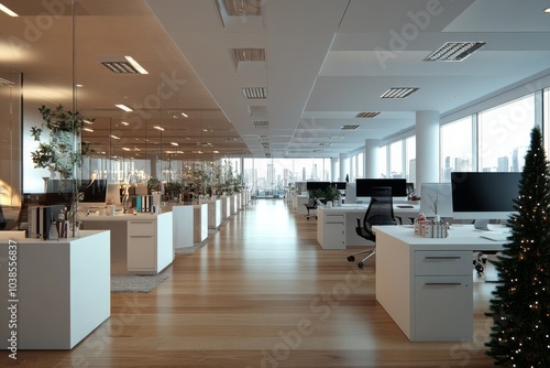 A sleek and modern open office area decorated with a small Christmas tree, highlighting a blend of professional environment and festive holiday atmosphere.