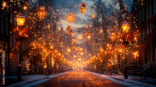 City street decorated with garlands for Christmas eve