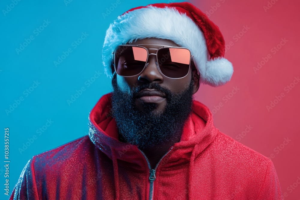 A stylish man with a beard and sunglasses strikes a confident pose in a Santa hat and shiny red jacket, set against a vibrant red and blue backdrop exuding coolness. A stylish man with a beard and sunglasses strikes a confident pose in a Santa hat and shiny red jacket, set against a vibrant red and blue backdrop exuding coolness.