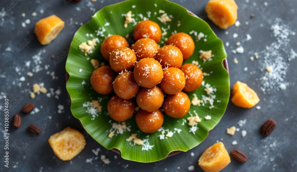 Traditional Bangladeshi Gurer Naru coconut jaggery sweets on a banana leaf (Bangladeshi Cuisine) Traditional Bangladeshi Gurer Naru coconut jaggery sweets on a banana leaf (Bangladeshi Cuisine)
