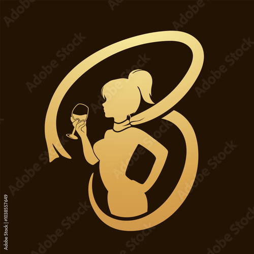 Girl holding a glass of wine. girl silhouette in gold. Luxury logo for wine or fashion brands may use for restaurant symbol also. Elegant lady icon with scarf flying. B letter made off scarf