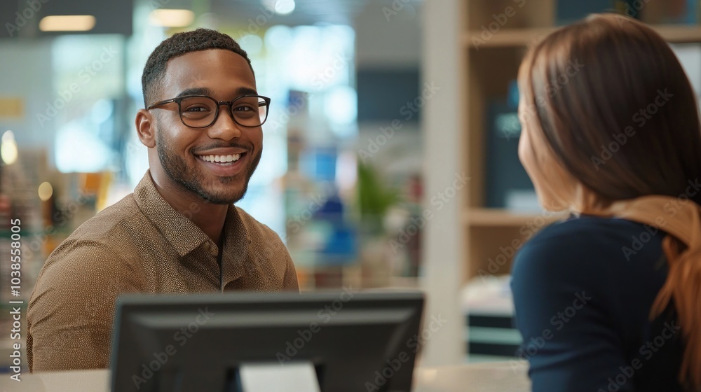 A friendly customer service representative smiling warmly and assisting a customer at a retail counter, illustrating approachability in a service environment A friendly customer service representative smiling warmly and assisting a customer at a retail counter, illustrating approachability in a service environment