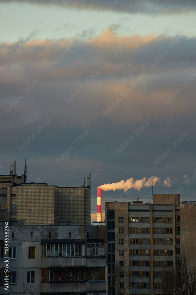Factory Chimney Emitting Smoke Over City Buildings Factory Chimney Emitting Smoke Over City Buildings