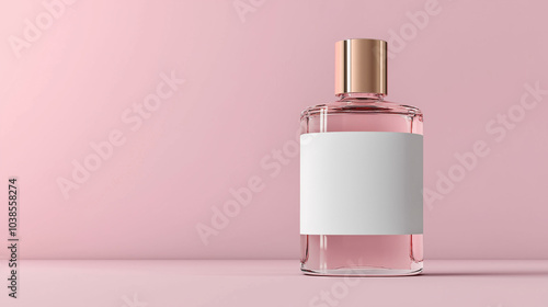 perfume container , bottle with blank label for copy space , isolated on pink background 