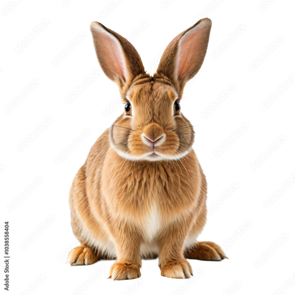 Obraz premium A light brown rabbit with large ears and a white face sits upright on a white surface, facing the camera with a calm expression, against a stark white background