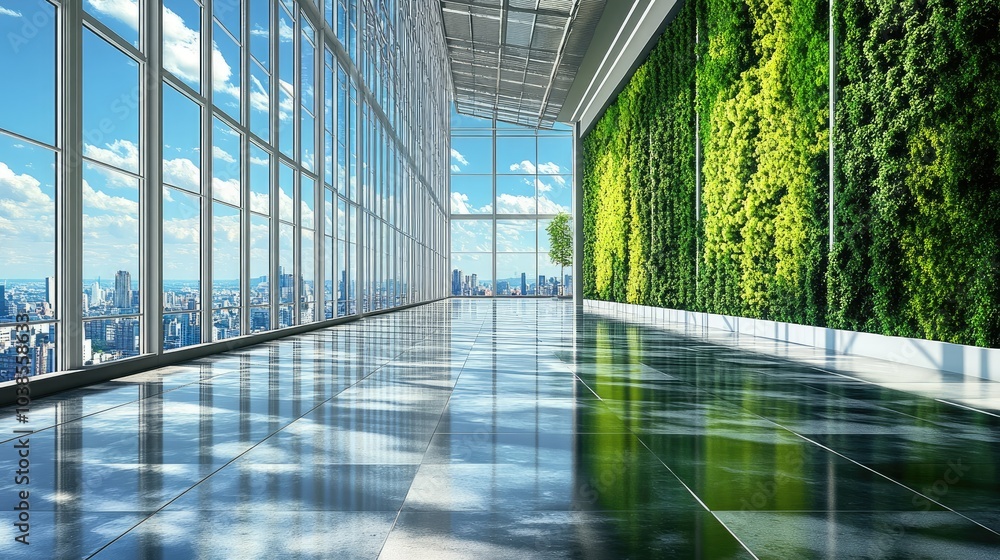 Modern Interior with Green Wall and City View Modern Interior with Green Wall and City View