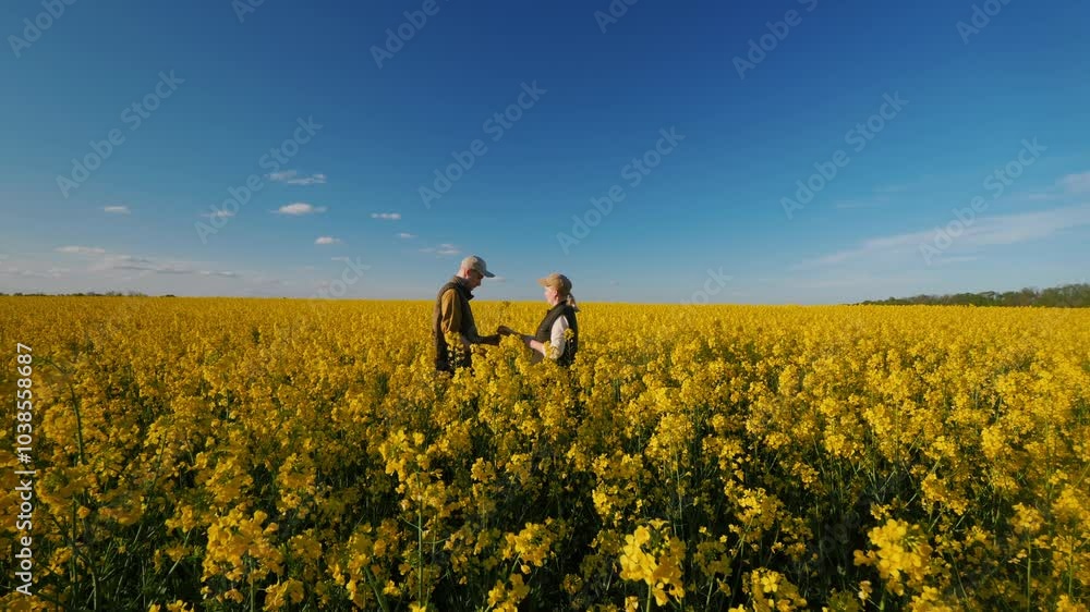 In the midst of the blooming rapeseed, two farmers are hard at work. In the midst of the blooming rapeseed, two farmers are hard at work.