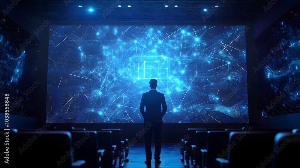 Man Facing a Screen with Network Illustration Man Facing a Screen with Network Illustration