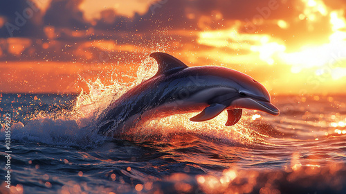 Dolphin leaps against sunset, vibrant sky reflects on ocean, waves splash around. photo