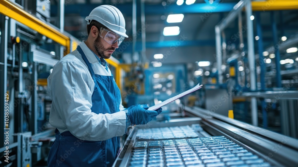 A quality control inspector examining products on a production line with a checklist or gauge, ensuring accuracy in manufacturing processes A quality control inspector examining products on a production line with a checklist or gauge, ensuring accuracy in manufacturing processes