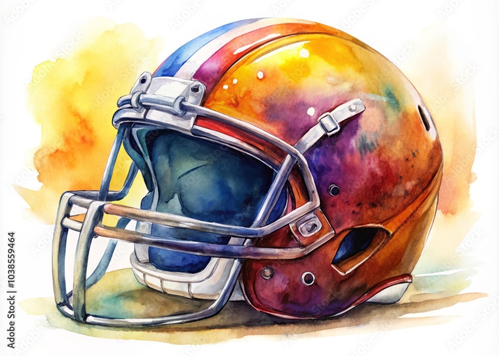 Vibrant watercolor illustration of an American football helmet on a white background, featuring high depth of field and creative design for passionate football fans. Vibrant watercolor illustration of an American football helmet on a white background, featuring high depth of field and creative design for passionate football fans.