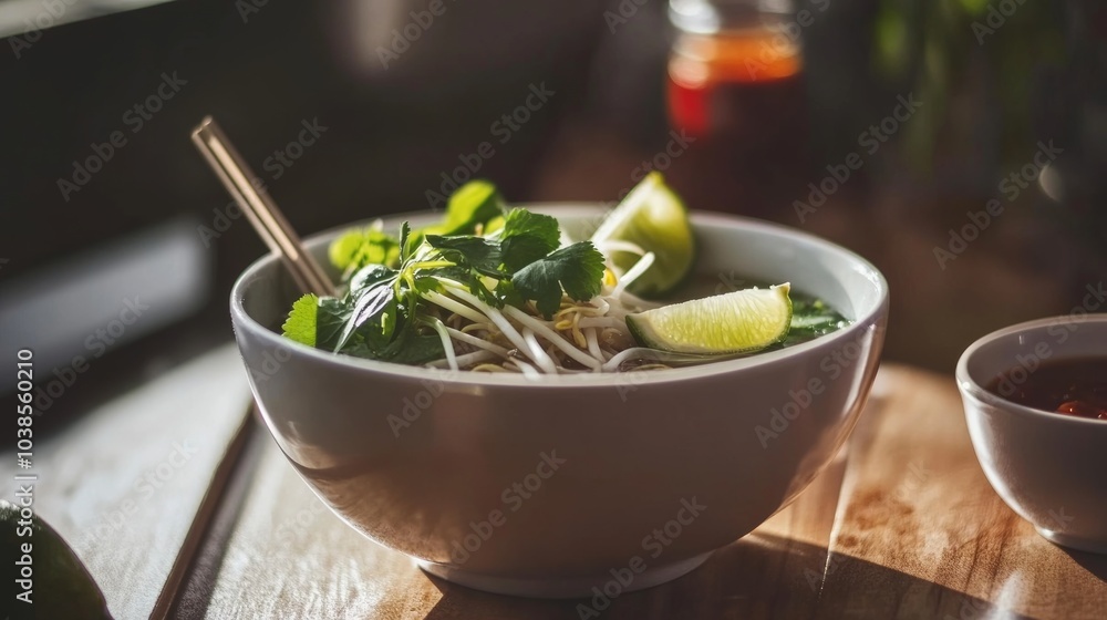 A steaming bowl of traditional pho garnished with fresh herbs, bean sprouts, and lime wedges A steaming bowl of traditional pho garnished with fresh herbs, bean sprouts, and lime wedges
