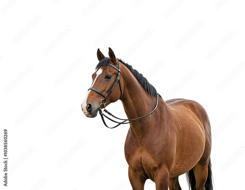 Obraz premium A majestic brown horse with a black mane and tail, wearing a halter and standing on a grassy field, is captured in a serene, white background, exuding tranquility and grace