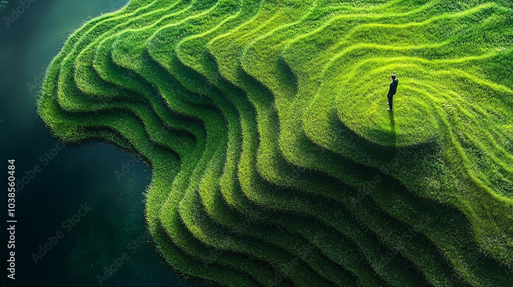 Aerial View of Man Walking on Curved Grass Landscape Aerial View of Man Walking on Curved Grass Landscape