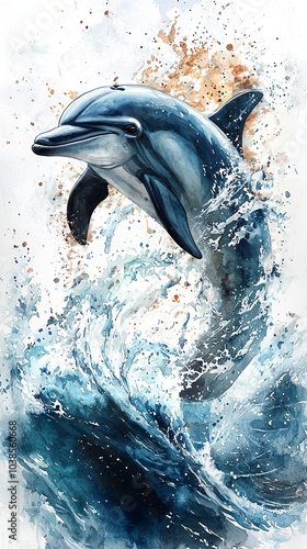 Watercolor dolphin leaping amid splashes, vibrant blues convey motion against white. photo