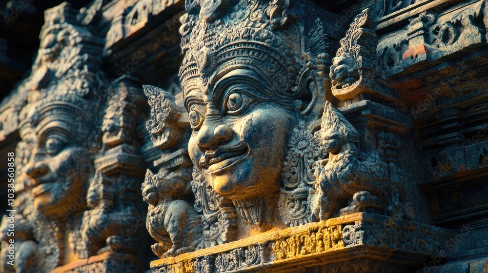 A detailed view of the elaborate sculptures adorning the temple walls, highlighting cultural and spiritual significance. A detailed view of the elaborate sculptures adorning the temple walls, highlighting cultural and spiritual significance.