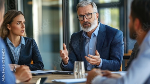 A senior manager or team leader giving instructions in a meeting room, with team members attentively listening, demonstrating workplace authority