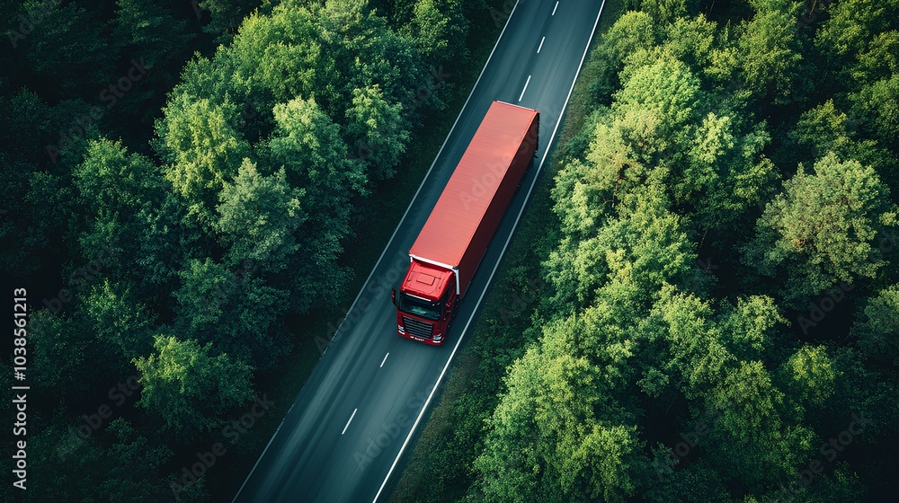 Fototapeta premium Aerial view of a red truck driving on the road in the forest