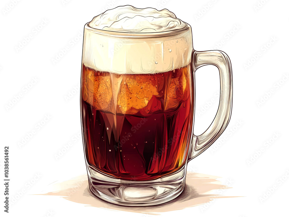 A glass mug filled with a dark beer with a thick head of foam. A glass mug filled with a dark beer with a thick head of foam.