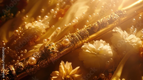 A detailed shot of a traditional Krishna idola??s flute, with delicate flowers and pearls scattered around, glowing in soft golden light. photo