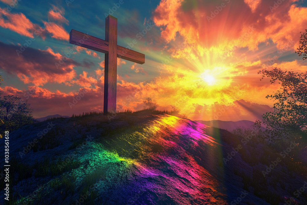Obraz premium The image shows a dramatic landscape with a large cross on a hill. The vibrant sunset creates a beautiful sky filled with warm colors, and rainbow reflections shimmer across the ground.