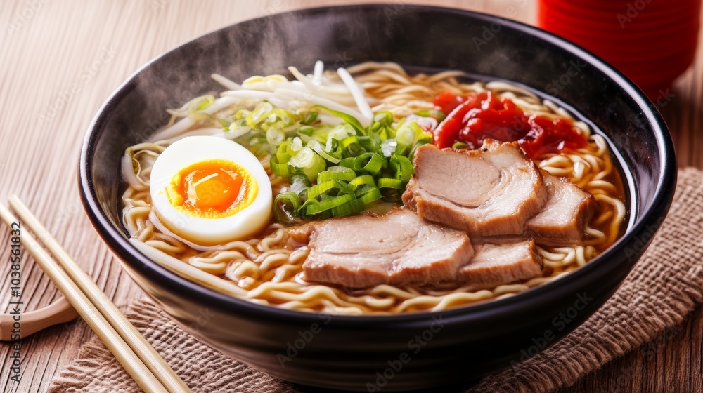 A steaming bowl of traditional ramen noodles, topped with slices of tender pork, soft-boiled egg A steaming bowl of traditional ramen noodles, topped with slices of tender pork, soft-boiled egg