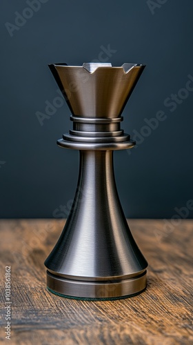 A close-up of a single silver chess queen piece standing on a wooden surface against a dark background.