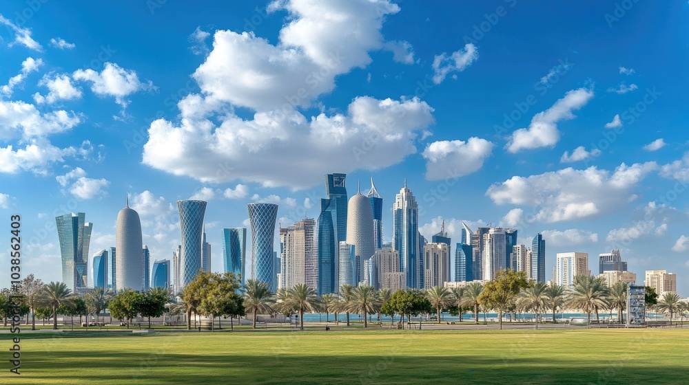 Modern City Skyline with Palm Trees and Blue Sky Modern City Skyline with Palm Trees and Blue Sky