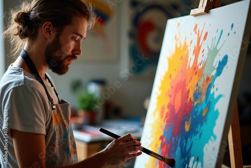 Artist Painting Vibrant Abstract Artwork in Studio