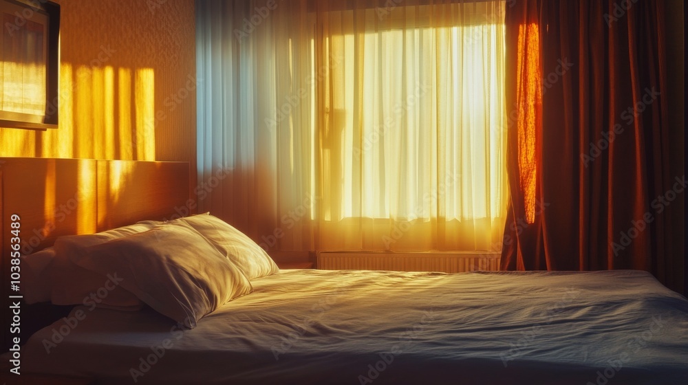 Cozy bedroom bathed in warm morning sunlight
Cozy bedroom bathed in warm morning sunlight